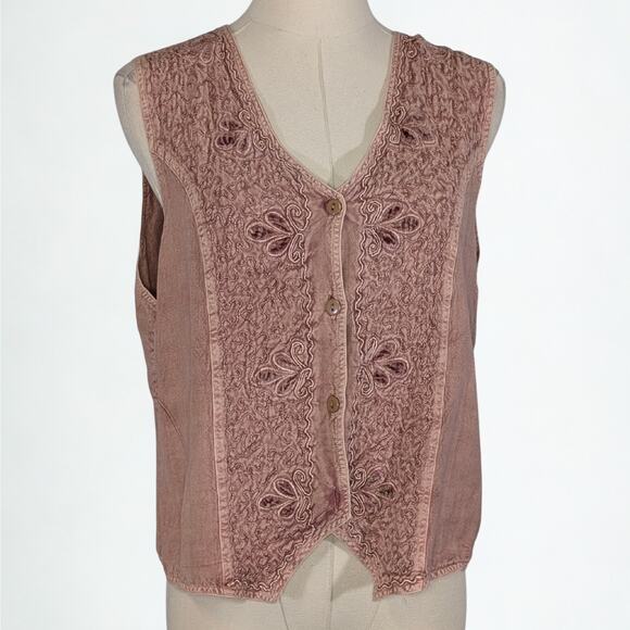 Vintage Dusty Rose Embroidered Rayon Vest Boho Prairie Cottagecore - Picture 1 of 5
